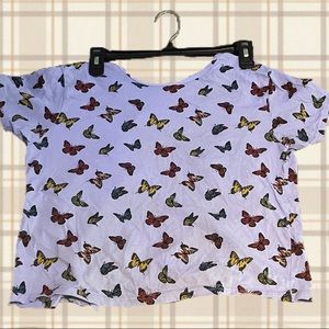 Sky Blue Shirt with Red, Blue, and Yellow Butterflies